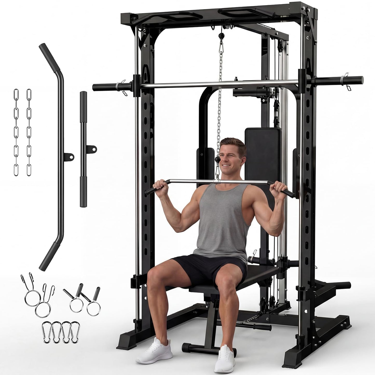 Garvee Smith Machine with Bench, Heavy Duty Power Cage Squat Rack with Smith Bar, LAT Pulldown System, Chest Station & More Training Attachment, Home Gym Equipment for Strengthen Training