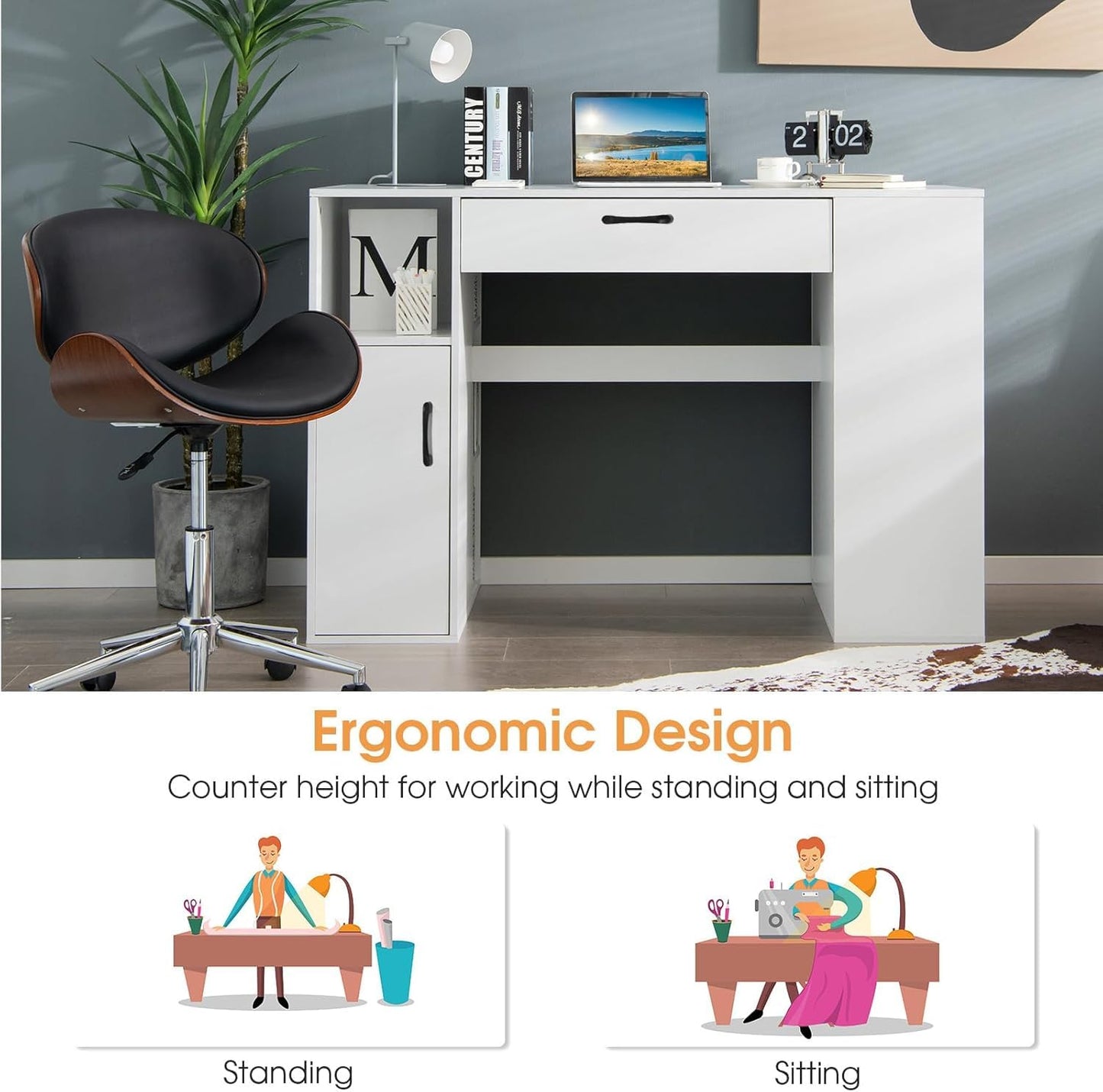 LDAILY Sewing Machine Table, Sewing Desk with Storage, Drafting Writing Sewing Station with Storage Cubes,1 Cabinet, 1 Drawer, 2 Adjustable Shelves, Artwork Craft Table for Home Office, White