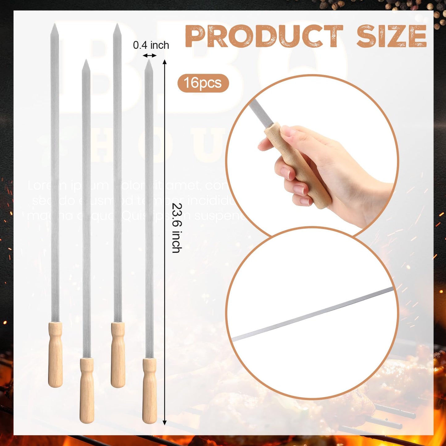 Sawysine 16 Pcs 23.6" Stainless Steel Flat Skewers Bulk with Wooden Handle Large Heavy Duty Reusable Kabob Stick BBQ Barbecue Skewer for Grilling Meat Vegetables Outdoor Indoor Cooking