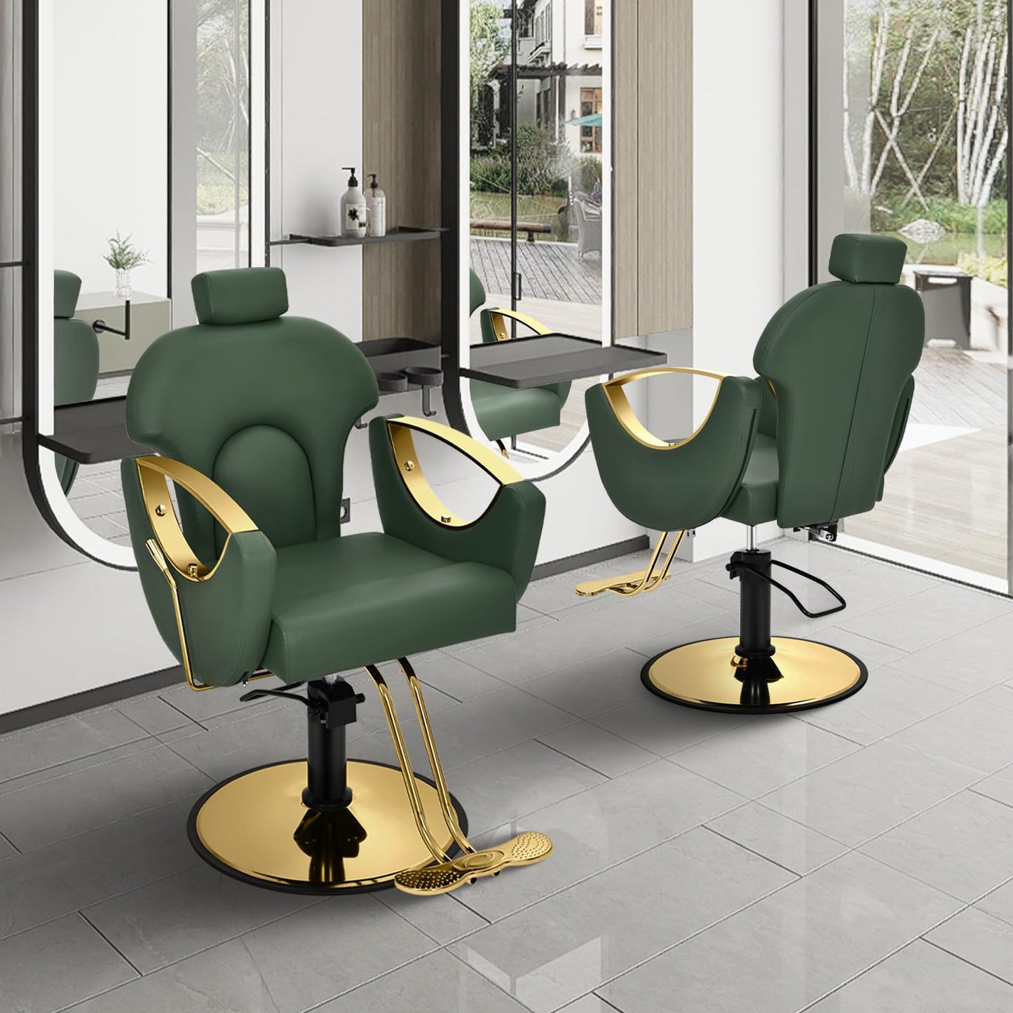 Tythical Salon Chair for Hair Stylist, 360° Swivel Reclining Barber Hair Styling Chair, Height Adjustable Spa Beauty Equipment for Home Barbershop, Green Gold