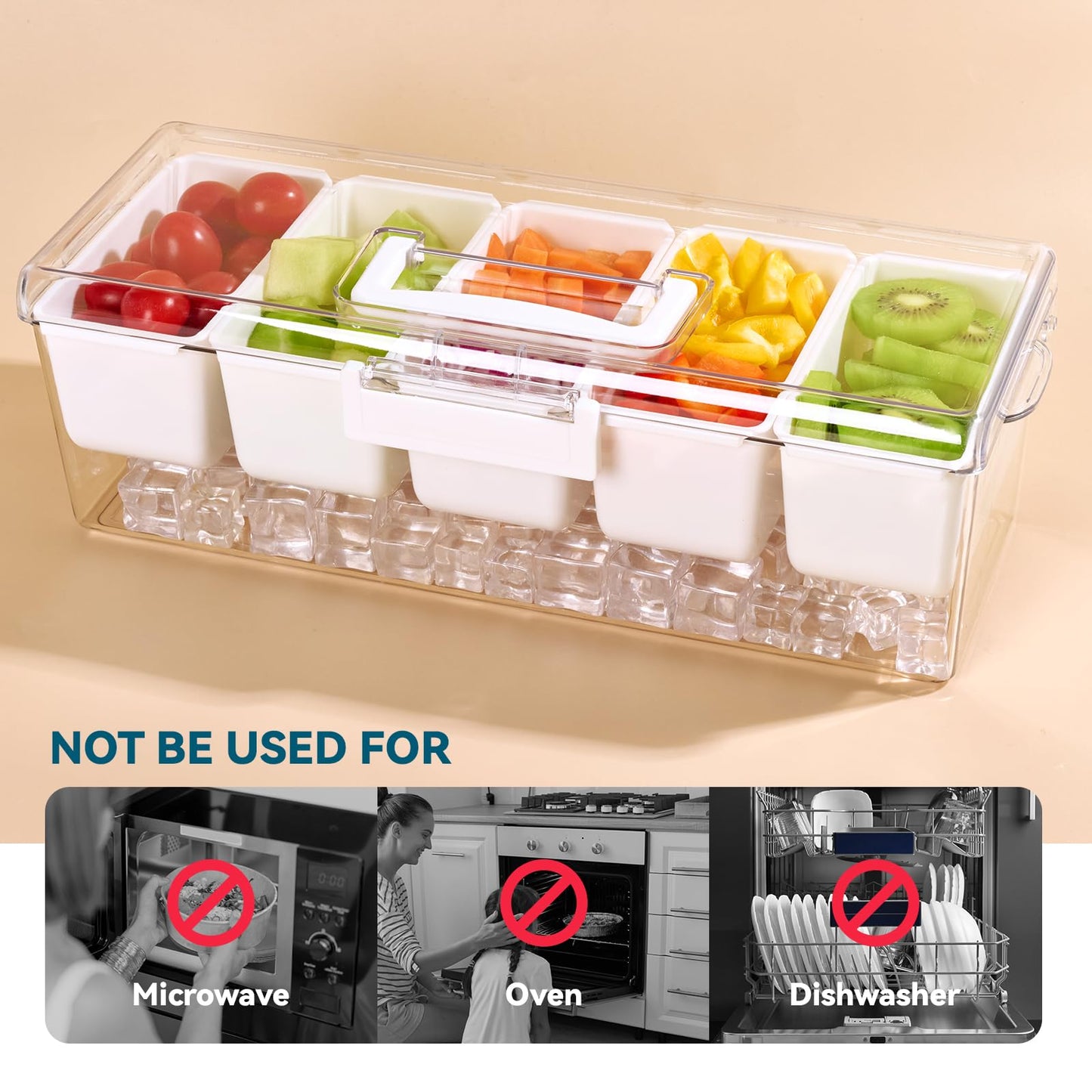 Luckore Chilled Condiment Caddy Server with 5 Removable Compartments Containers & Hidden Handle Design, Ice Chilled Condiment Tray Organizer, Clear Garnish Tray for Camping, Kitchen, Fruit, Salad