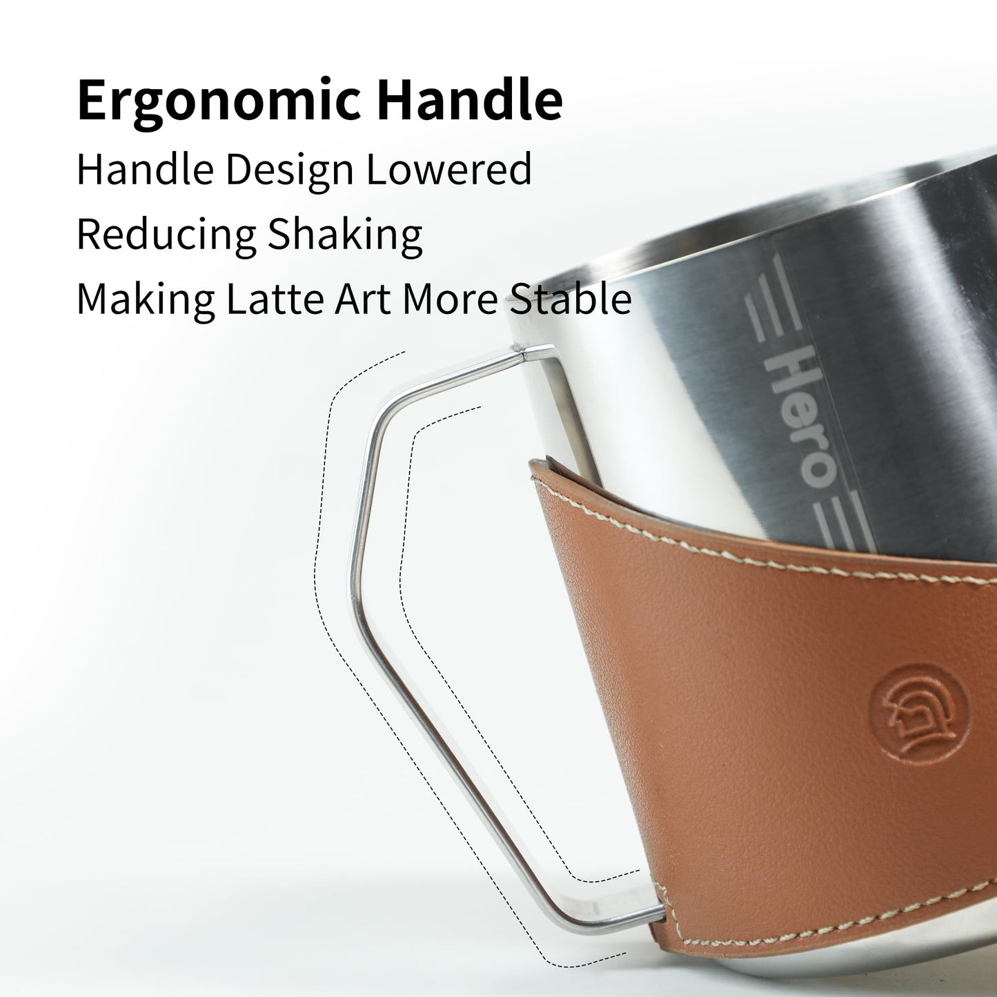 CUFEJORO Milk Frothing Pitcher 450ml/16oz 304 Stainless Steel Espresso Steaming Pitcher with PU Leather, Milk Frothing Jug,milk frother cup,Milk Jug Cup,Premium Barista Tools,Latte Art (Bright,16oz)