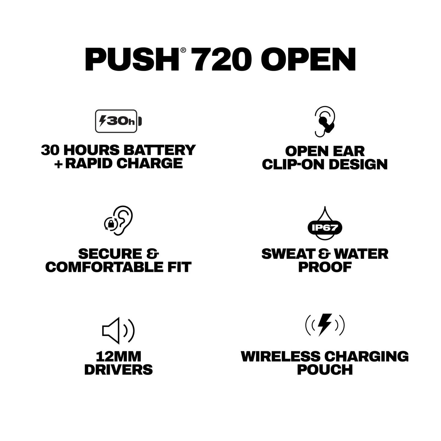 Skullcandy Push 720 Open Wireless Open Ear Bluetooth Earbuds, Headphones, Waterproof, Clip-On Lightweight Design, 30 Hours Battery, Wireless Charging Pouch, Microphone for iPhone Android - Bone