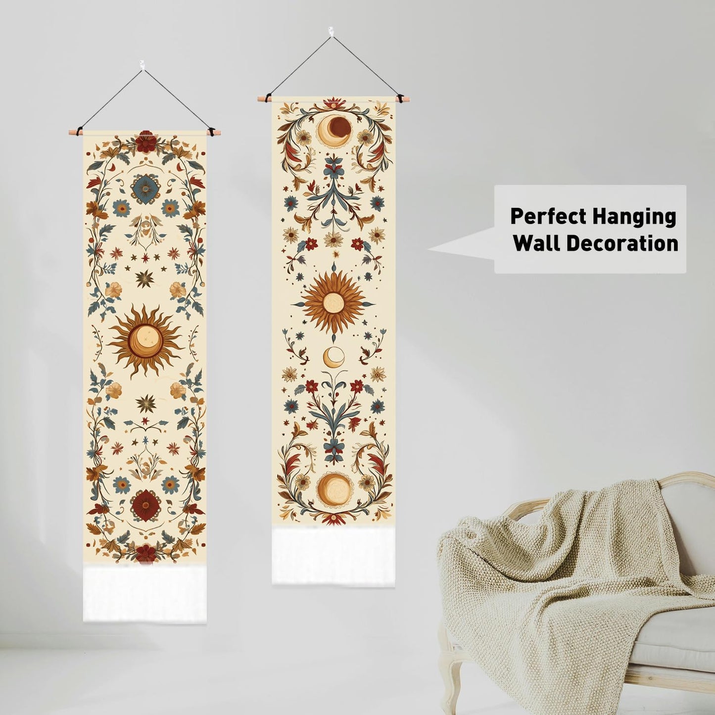 PLIGREAT 2 Pack Sun Moon Wall Hanging Long Narrow Tapestry Aesthetic Wall Tapestry for Bedroom Living Room Bathroom Home Office Decor