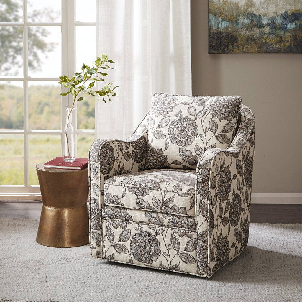 Madison Park Brianne Upholstered Swivel Curved Armchair 360 Degree Accent Chair with Metal Base Stand, Pillowback Support, Slub Weave, Wide Seat for Nursery or Living Room Fully Assembled, Multi
