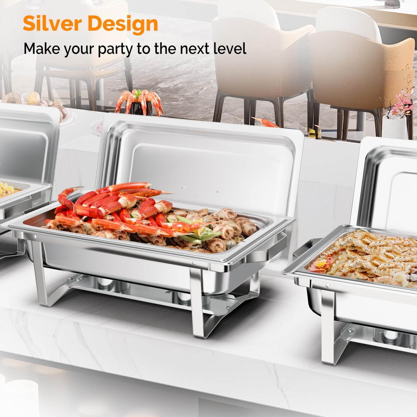 Bonnlo Chafing Dishes for Buffet, 8 Pack 9 QT Stainless Steel Chafing Dish Set, Food Warmers for Parties, Safe Rolled Edges, Dual Hooks, Stackable for Catering, Weddings