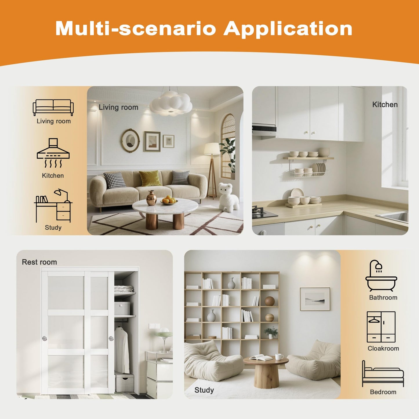 JUJUBON Closet Sliding Door, 48"×80"(Double Doors 25"), 3 Panel Sliding Door with Hardware Kit, Pre-Drilled Doors Panel, MDF with Paintable Surface, Need to Assemble, White