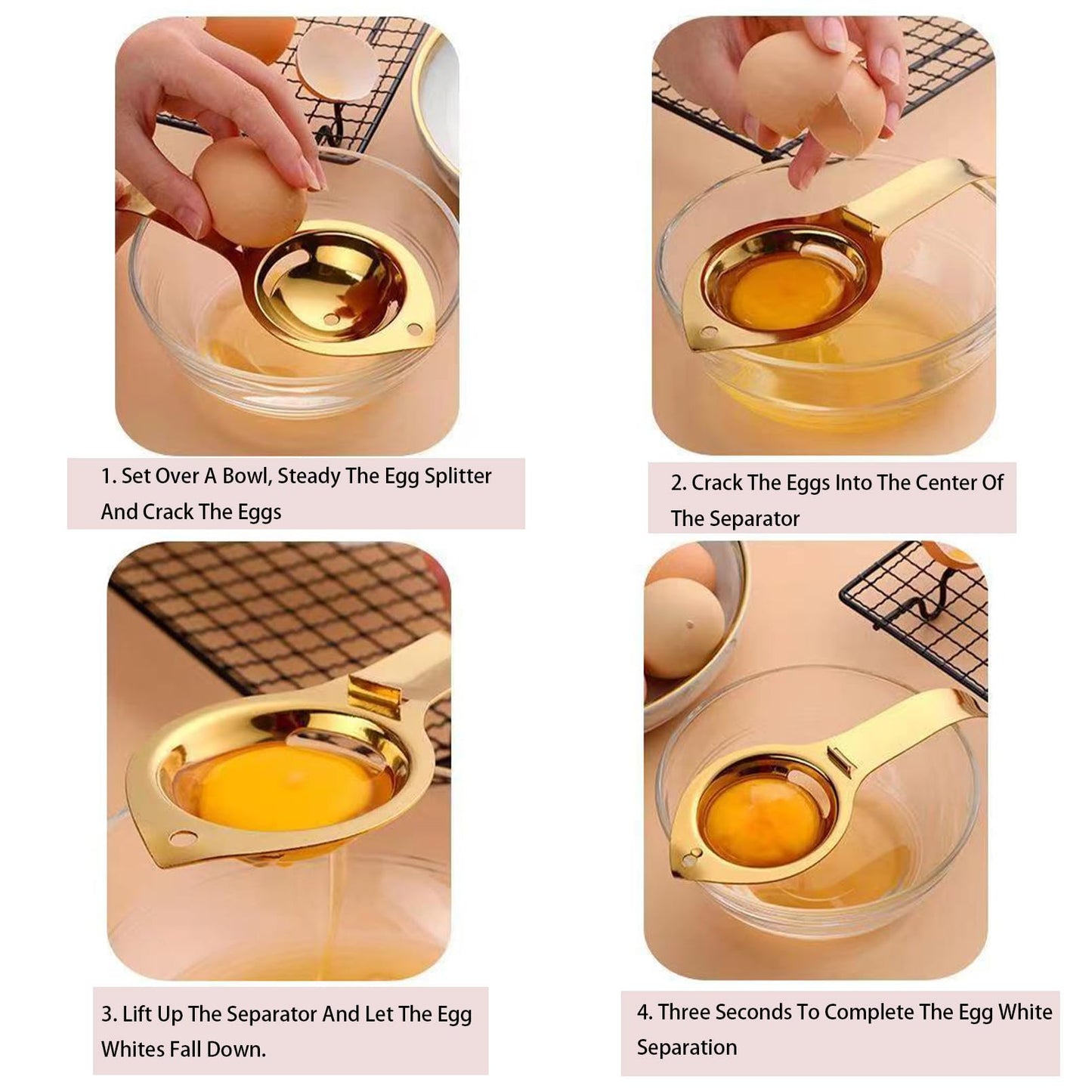 QANYEGN Stainless Steel Egg Yolk Separator, Egg Strainer with Long Handle, Egg Yolk White Separation Tool, Egg Extractor for Cooking, Baking(Gold)