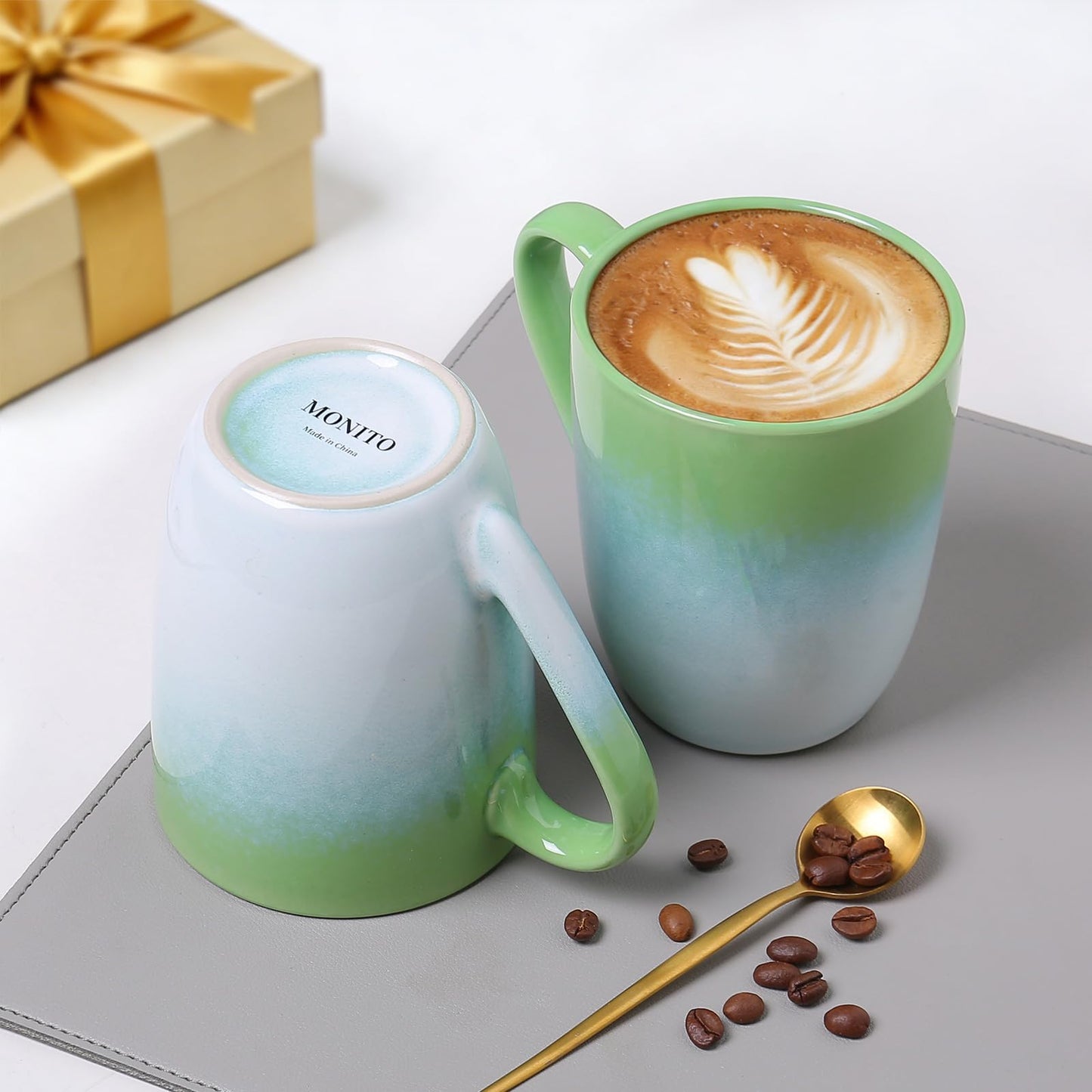MONITO 14 OZ Coffee Mugs Set of 6, Large Ceramic Blue Coffee Mugs Set with handle for Tea/Latte/Milk/Cocoa, Funny Tea Cups for Office and Home, Engagement Gifts. (White-green)
