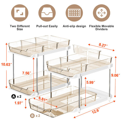 Delamu 2-Tier Multi-Purpose Bathroom Under Sink Organizers and Storage, Stackable Kitchen Pantry Organization, Pull Out Medicine Cabinet Organizer with Movable Dividers, White, 2 Pack