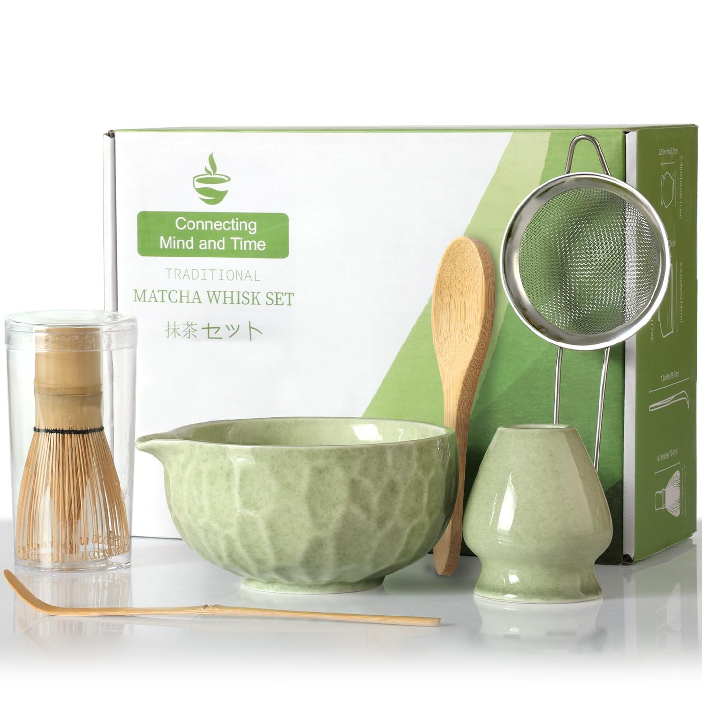 Matcha whisk Set,Japanese Matcha Set,Matcha Bowl with Spout,Matcha Whisk and Holder,Bamboo Scoop,Sifter - 6 Pcs Tea Set for Matcha Lover,Tea Ceremony(Green)