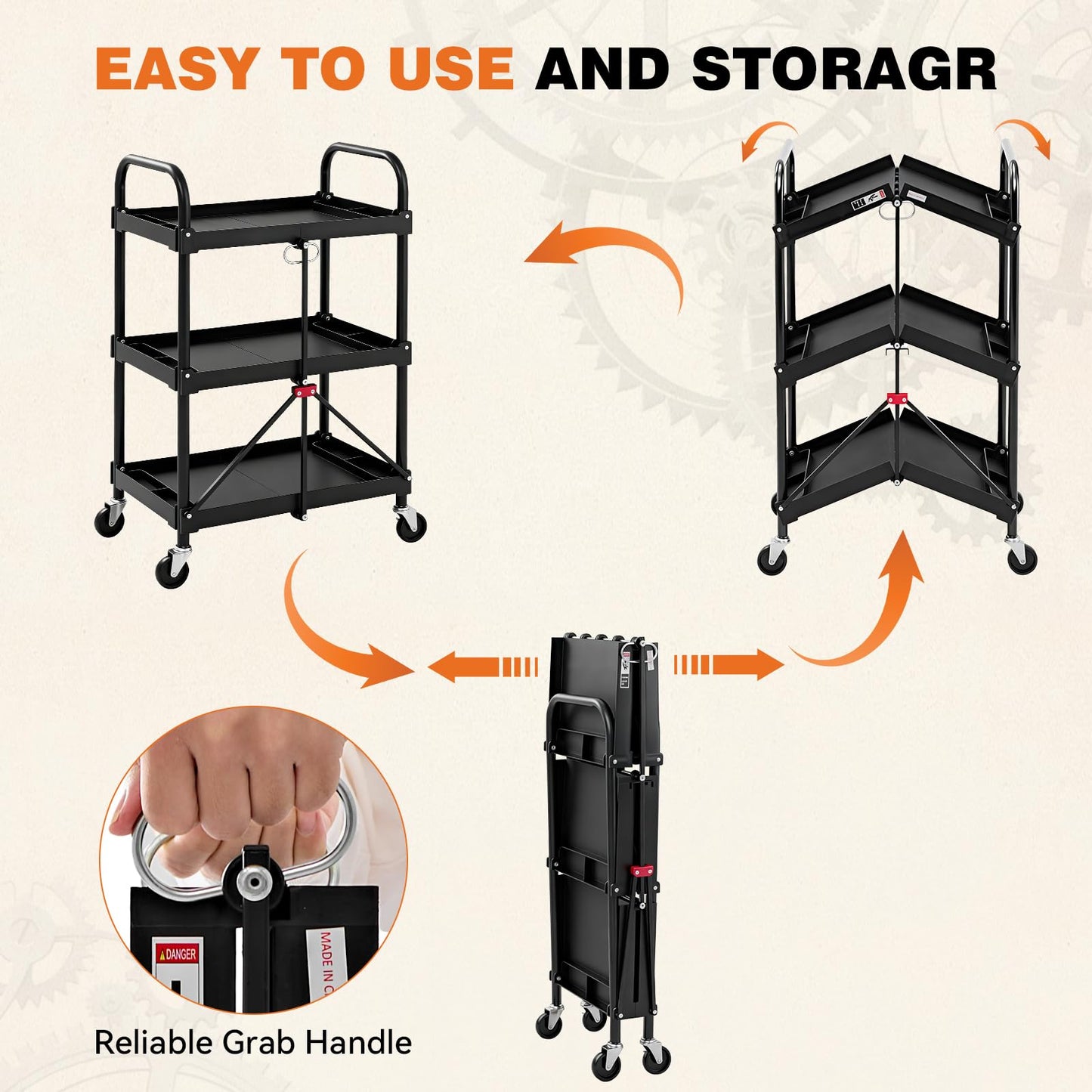 DUMOS 3-Tier Folding Utility Cart Set of 2, Collapsible Service Cart with 4 Swivel Wheels and Brakes, 120LBS Capacity & Collapsible Storage Rolling Cart for Kitchen, Office, Garden, Garage, Pure Black