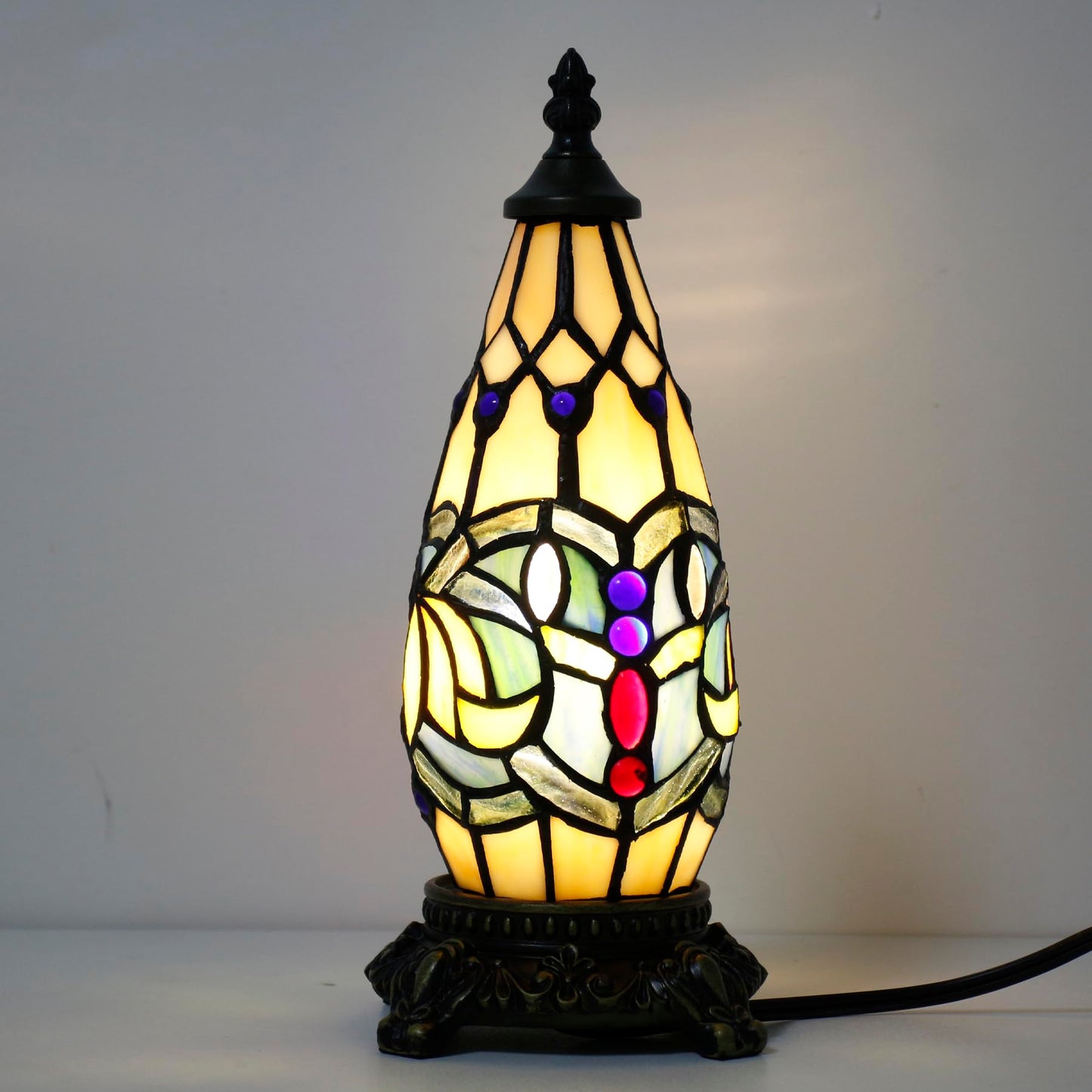 TCODTPOL Small Tiffany Lamp Stained Glass Table Lamp 5.5X11 Inch Christmas Tree Lighthouse Mini Accent Memory Sympathy Antique Night Light for Bedroom Living Room (Blue Lotus)