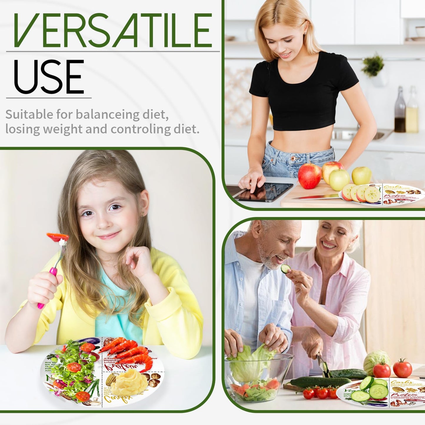 VIYNRAN Portion Control Plate - 10 Inch Melamine Dinner Plate for Balanced Meals, Divided Sections for Vegetables, Carbs, and Protein with Colorful Food Illustrations - 4 Pack