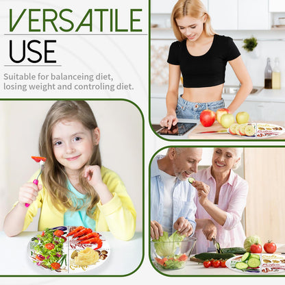 VIYNRAN Portion Control Plate - 10 Inch Melamine Dinner Plate for Balanced Meals, Divided Sections for Vegetables, Carbs, and Protein with Colorful Food Illustrations - 4 Pack
