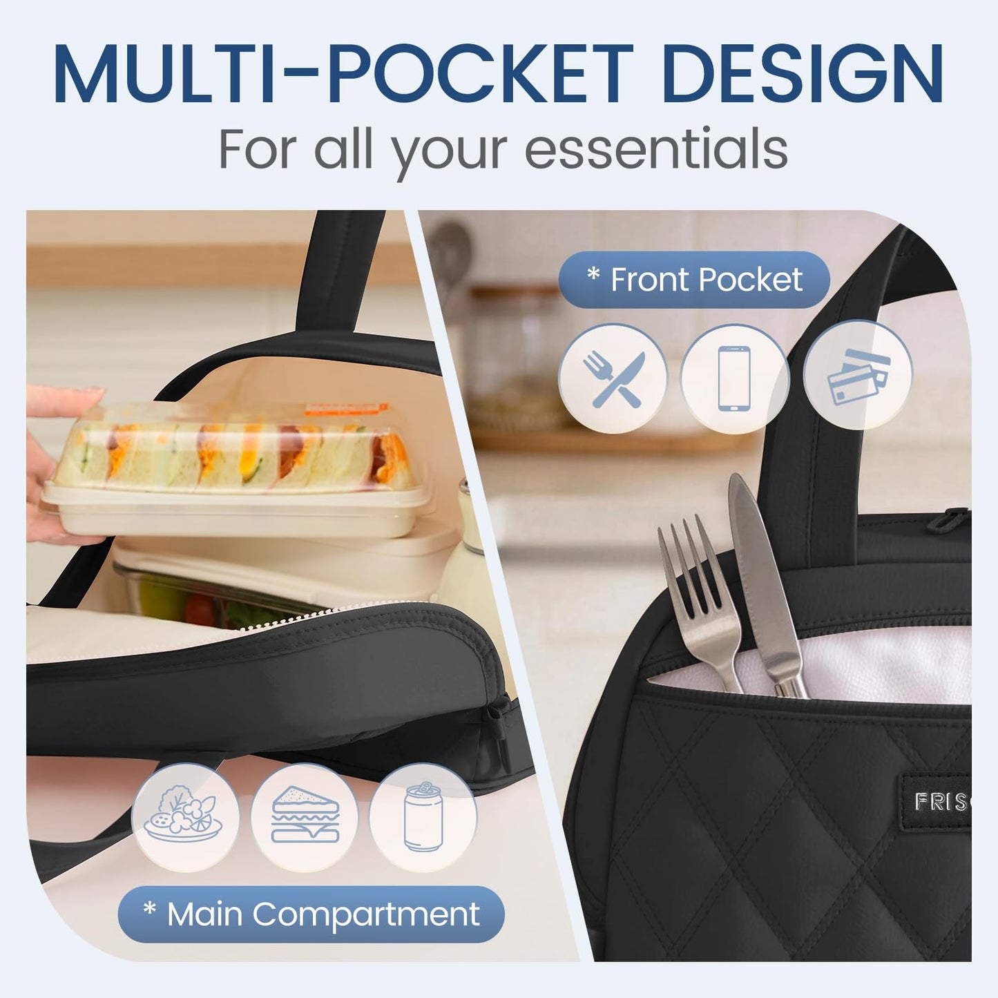 SODEER Lunch Bag for Women & Men Insulated,Soft Leakproof Cooler Bag with Strap,Small Lunch Box for Work Travel Meals,Black