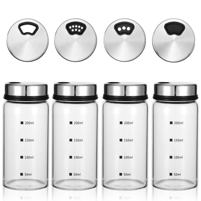 Wanmu 4Pcs Salt Pepper Shakers with Adjustable Outlet Holes, 7 oz Clear Glass Shaker Bottles, Salt Shakers for Kitchen, Spice Seasoning Cans for Kitchen Decor Home Restaurant BBQ Camping
