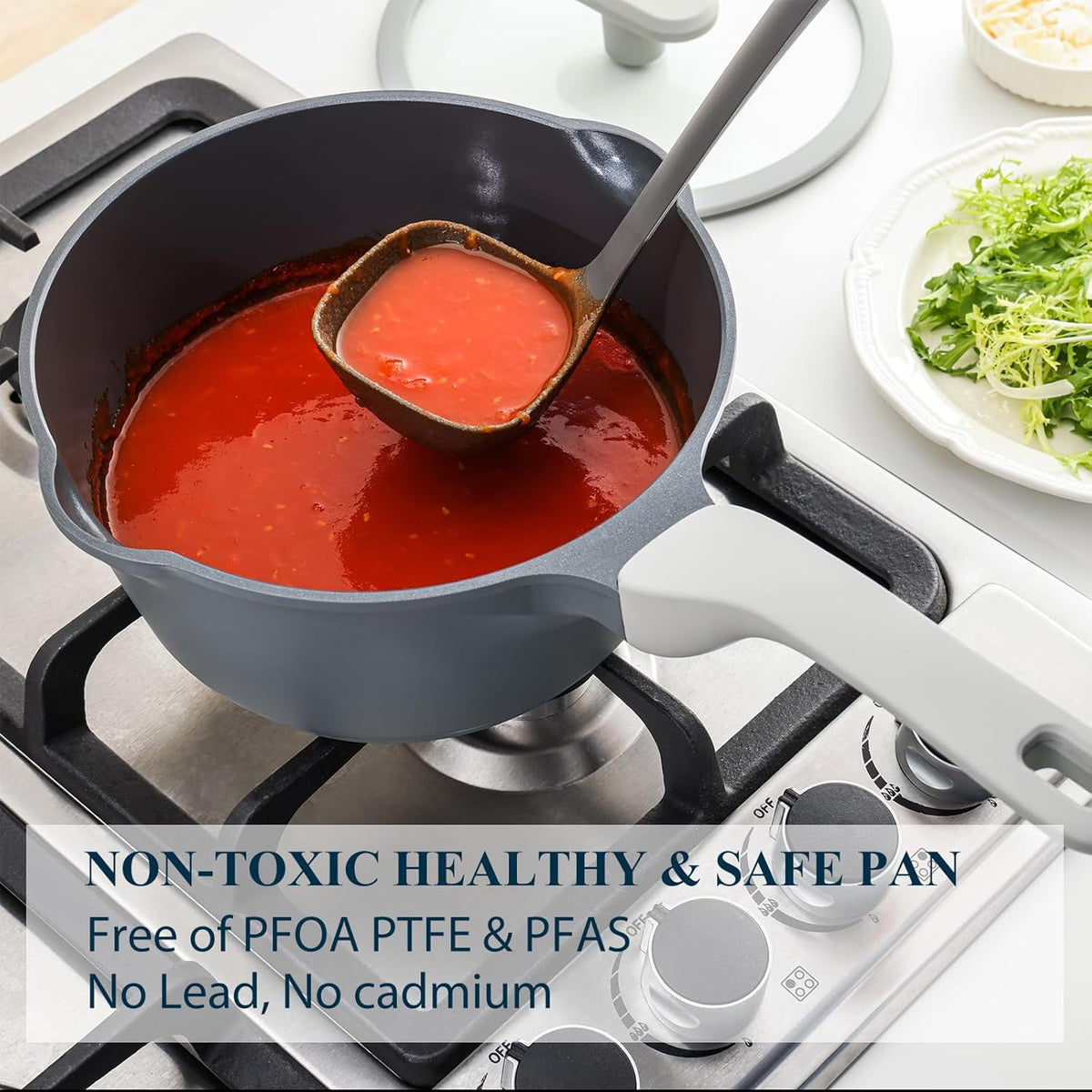 PRICUSIS Nonstick Saucepan - 2 Quart Ceramic Cookware with Lid & Pour Spouts | PTFE, PFOA & PFAS Free