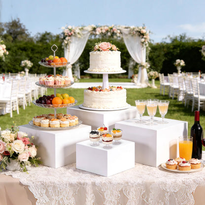 nplehome 6 Pcs Buffet Risers, White Acrylic Large Food Risers for Buffet Table with Mini Table Sign, Display Stand Shelf for Party, Catering Cube Nesting Boxes (9" 8" 7" 6" 5" 4" )
