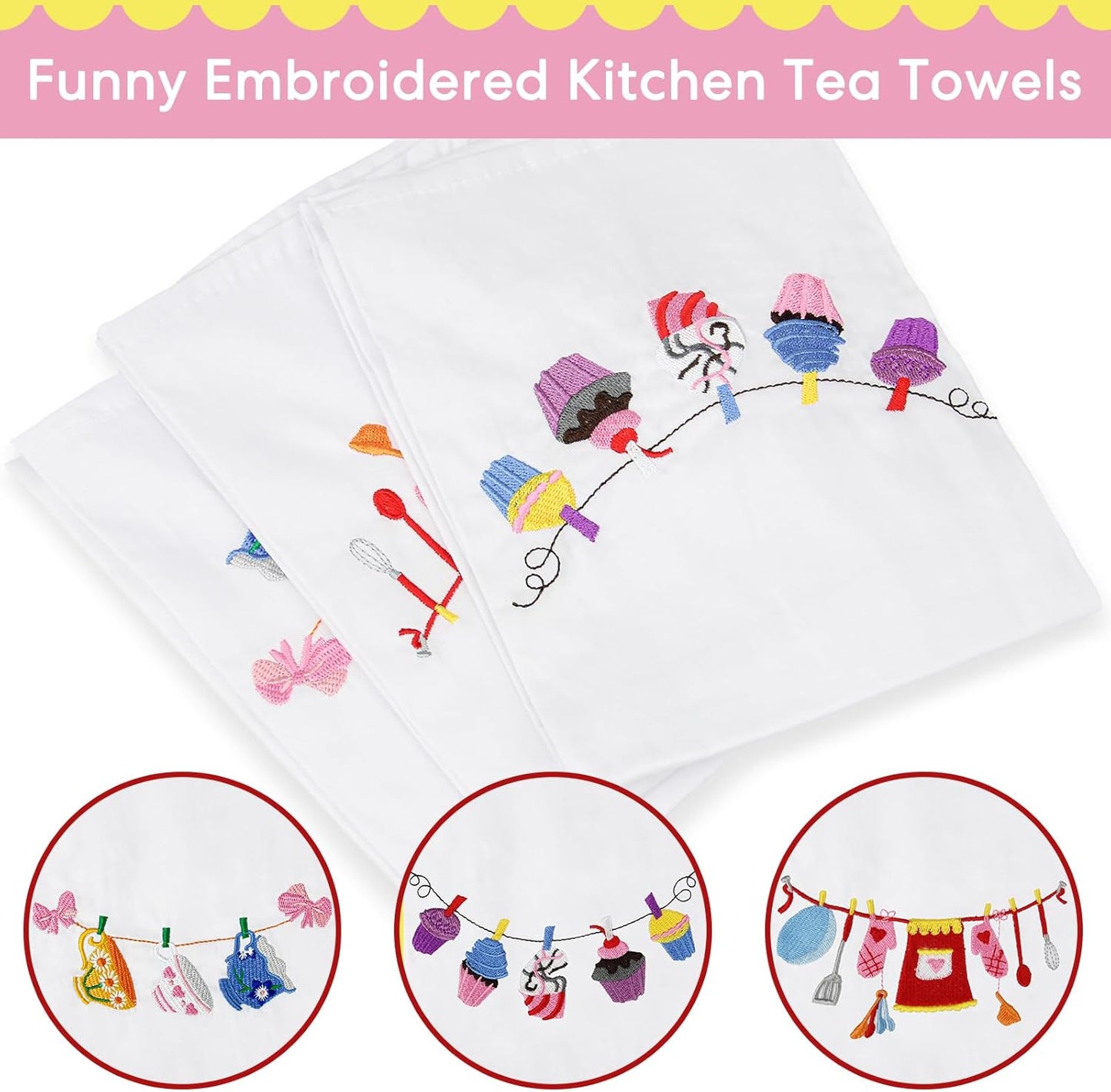 3 PCS White Embroidered Tea Towels, Napkins for Kitchen & Pantry, Baking Sourdough, Housewarming Gift
