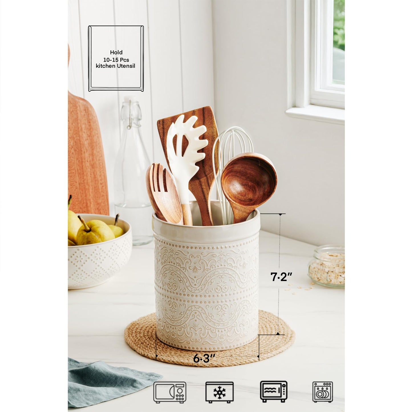 MIKIGEY Kitchen Utensil Holder, 7 Inches Large Ceramic Utensil Holder for Countertop, Lace Emboss Cooking Utensil Crocks for Kitchen, Home Decor, Off-White