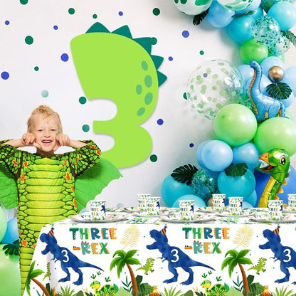 AIBIIN 194pcs Three Rex Birthday Decorations for Boy 3rd Birthday Party Plates, Cup, Napkin, Tablecloth, Tableware, Dinosaur 3 year old Birthday Party Supplies Plates Serve 24 Guests