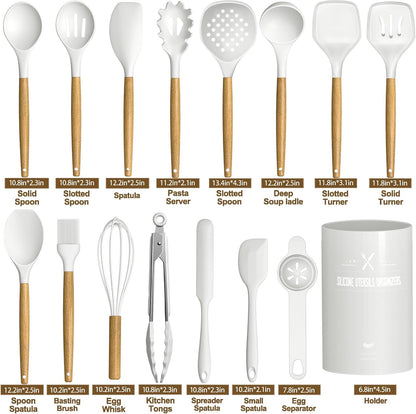 Silicone Cooking Utensils Set, 16 Pcs with Holder, Heat Resistant Kitchen Gadgets for Nonstick Cookware