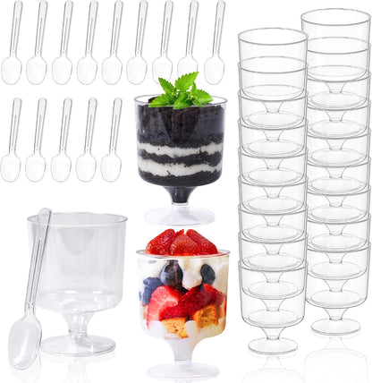 120 Pack Set 60 5Oz 60 Golblet Plastic Dessert Cups Pcs Clear Mini Parfait Cup with Spoons for Party, Disposable Round