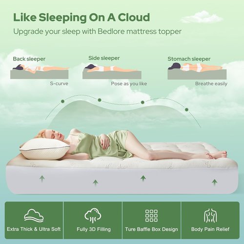 BEDLORE Full Size Mattress Topper - Thick Bamboo Viscose Pillow Top for 6-15 Inch Mattresses | Breathable Comfort & Back Pain Relief
