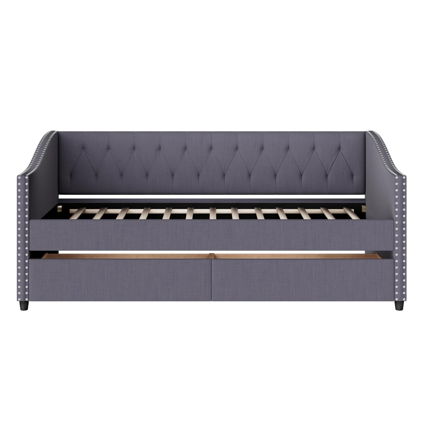 Christopher Knight Home Twin XL Daybed Frame with Two Drawers, Linen Fabric Upholstered Sofa Couch, 85’‘ Living Room Sleeper Sofa, Cozy Daybed for Bedroom, Diamond-Tufted Design, Rivet Armrests, Gray