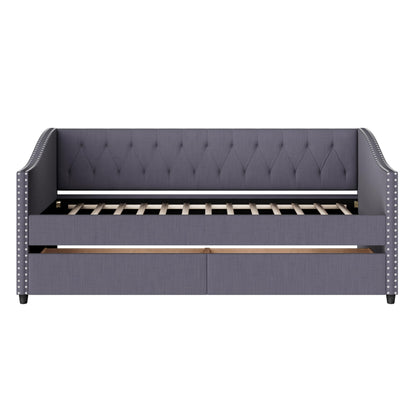 Christopher Knight Home Twin XL Daybed Frame with Two Drawers, Linen Fabric Upholstered Sofa Couch, 85’‘ Living Room Sleeper Sofa, Cozy Daybed for Bedroom, Diamond-Tufted Design, Rivet Armrests, Gray