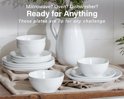 ONEMORE Plates and Bowls Set 12 Pcs,Stoneware Dinnerware Sets for 4 Microwavable,Oven & Dishwasher Safe Porcelain,Scratch Resistant Dishes Set,White