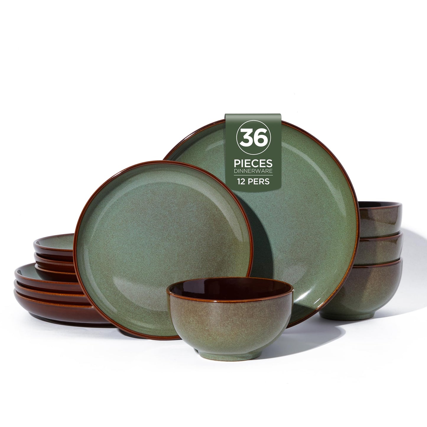 Pokini 36 Piece Stoneware Dinnerware Sets, Ceramic Plates and Bowls Set, Microwave & Dishwasher Safe Kitchen Dish Set, Modern Dinner Salad Plates | Cereal Bowls for 12, Dishware Sets Sage Green