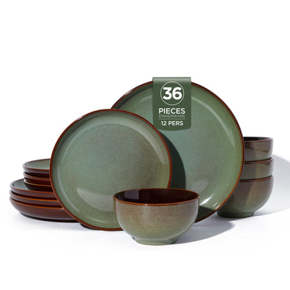 Pokini 36 Piece Stoneware Dinnerware Sets, Ceramic Plates and Bowls Set, Microwave & Dishwasher Safe Kitchen Dish Set, Modern Dinner Salad Plates | Cereal Bowls for 12, Dishware Sets Sage Green