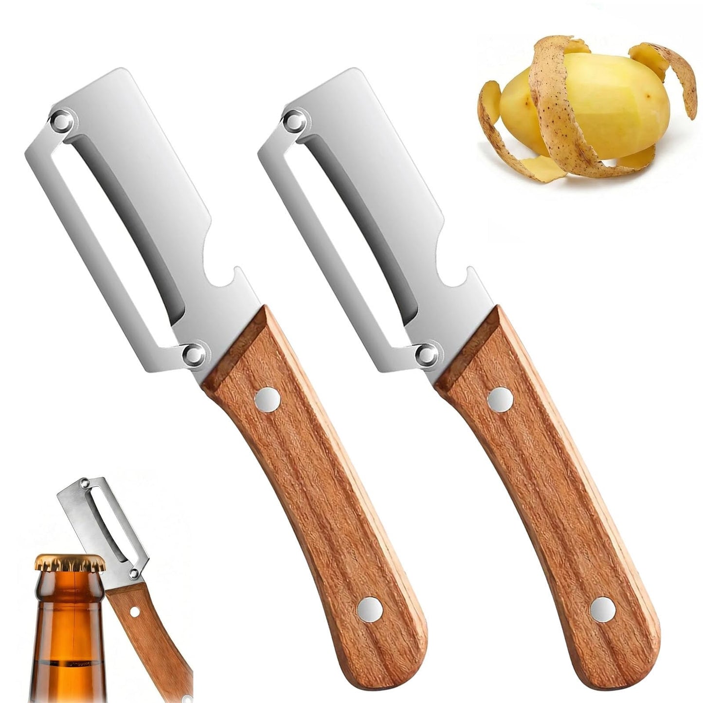 2 in 1 Multi Functional Vegetable Peeler with Bottle Opener and Wooden Handle Stainless Steel Blade Kitchen Tool for Sugar Cane Potato Fruit Pineapple Pumpkin Papaya Carrot Veggie Peeler - 2pc