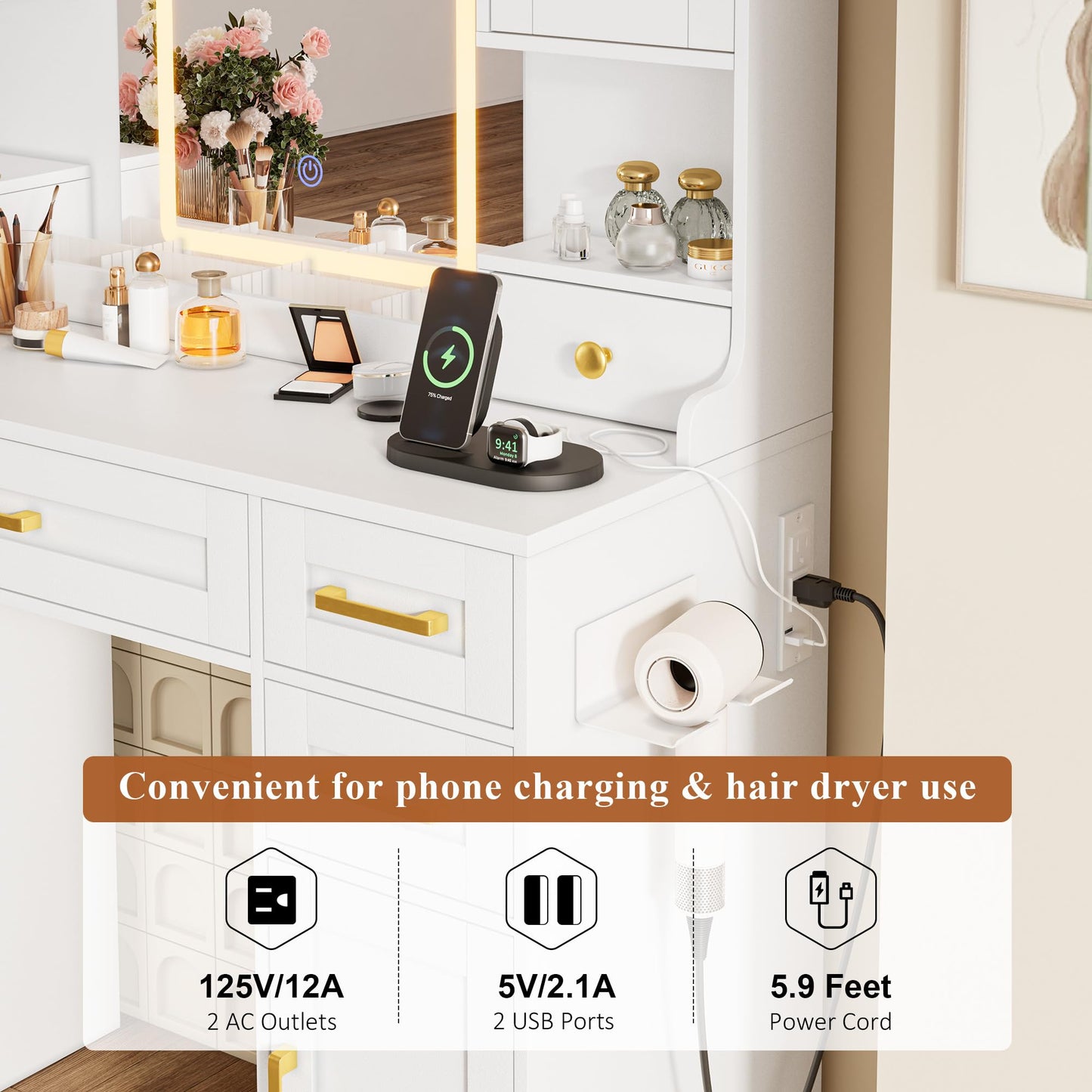 NBYSGO White Vanity with Mirror and LED Lights, Large Makeup Table Set with 2 Display Cabinets, 6 Drawers & 2 Storage Cabinets for Bedroom Dressing Room