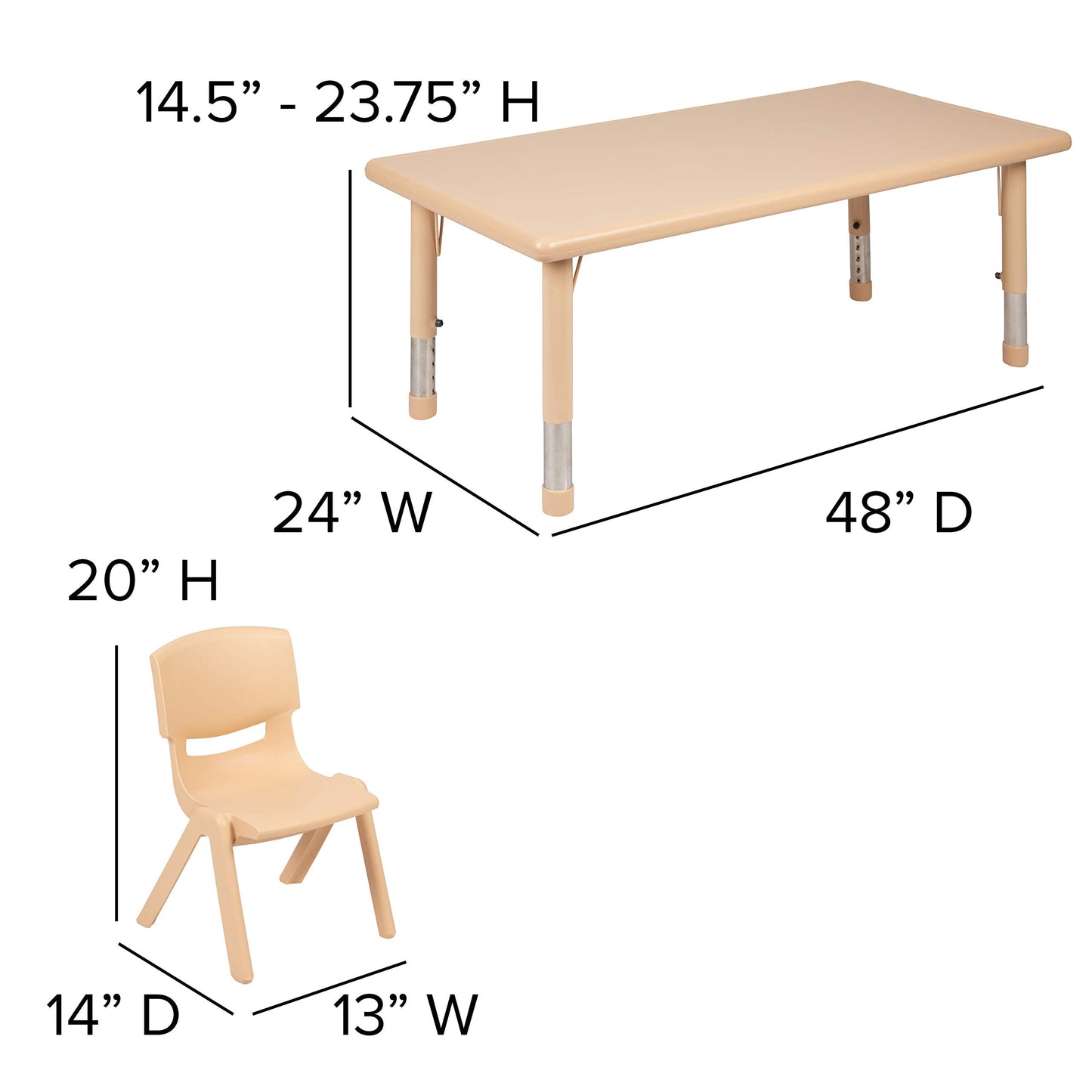 BizChair 24" W x 48" L Rectangular Natural Plastic Height Adjustable Activity Table Set with 6 Chairs
