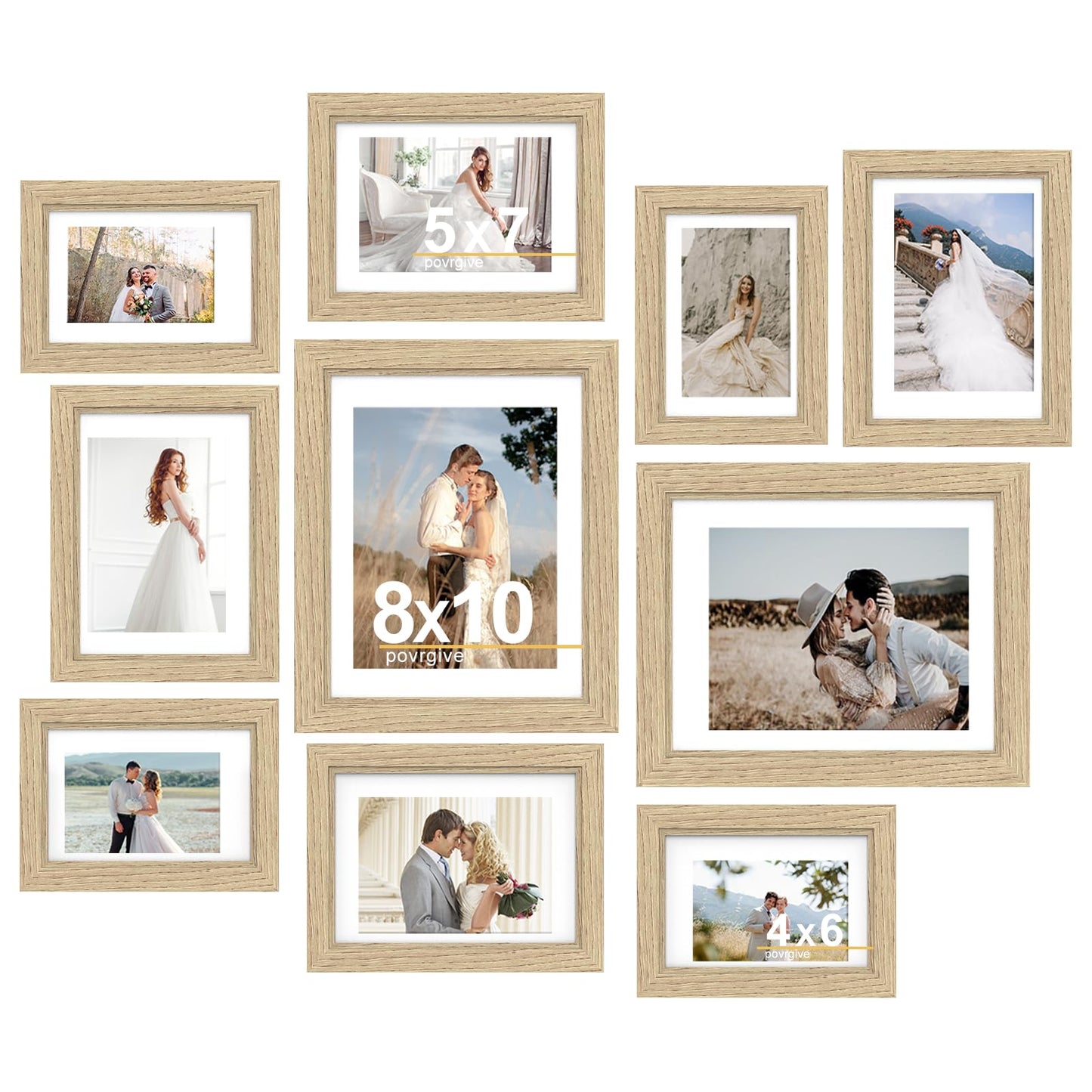 Povrgive Picture Frames, Made of Real Glass and Wooden Frame, Gallery Photo Frames Set of 10 for Collage Wall Decor, Multi Sizes Including 8x10, 5x7, 4x6 for Mounting or Tabletop Display, Wood