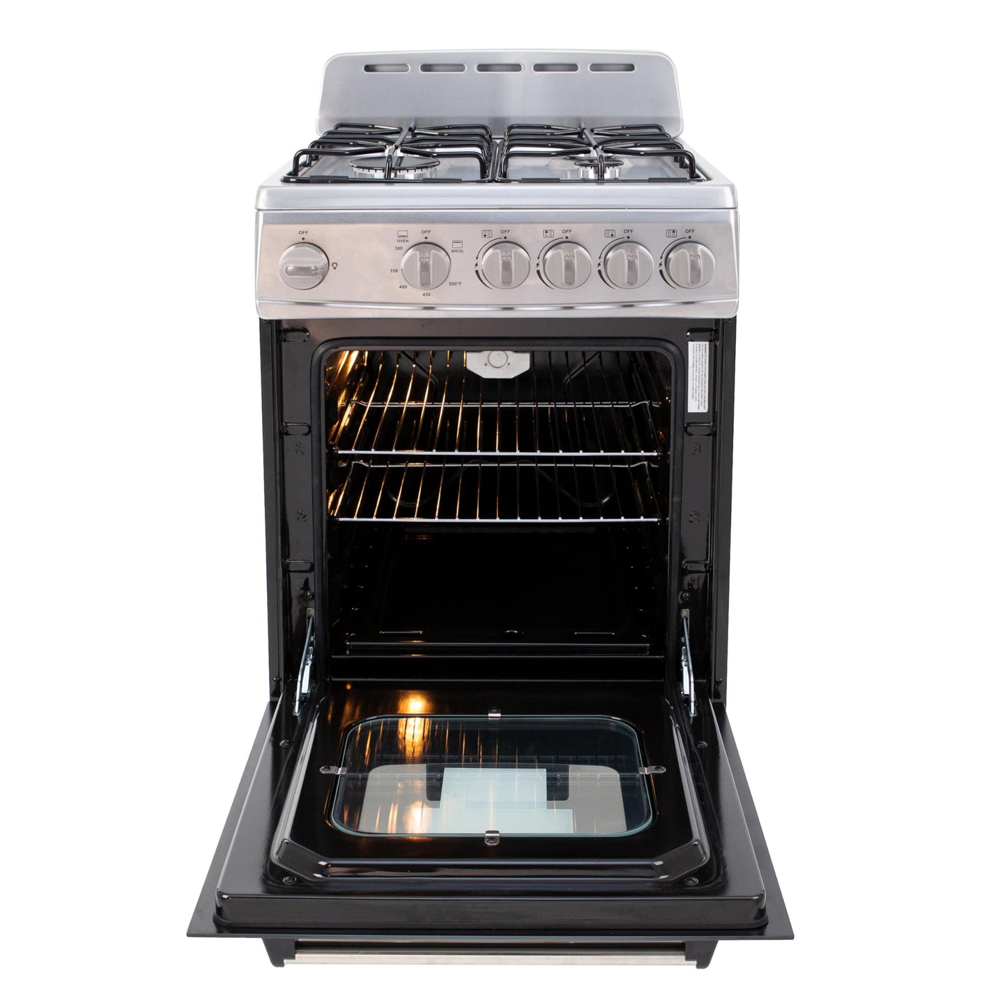 Avanti Gas Range Oven, Compact Freestanding Design, 4 Sealed Burners with Electronic Ignition, 2.1 Cu.Ft. Capacity Features Storage Drawer Broiler and Accessories, 20-Inch, Black