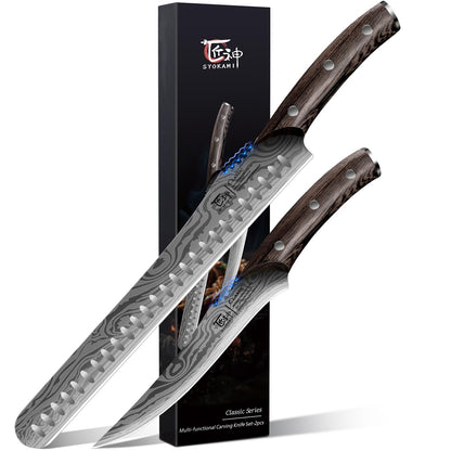 SYOKAMI Brisket Slicing Knife Set, Carving and Boning Knife for Meat & Turkey Cutting, Japanese Style High Carbon Steel Kitchen Knives Set For Home & BBQ, Wood Ergonomic Full Tang Handle, Gift for Mom