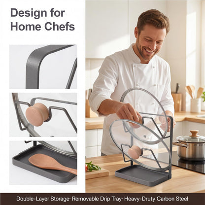 Space-Saving Carbon Steel Pot Lid Holder While Cooking, Double-Layer Kitchen Pot Lid Storage Rack with Removable Drip Tray, Spoon Rest for Ladle, Spatula & Pan Cover(Dark Grey)