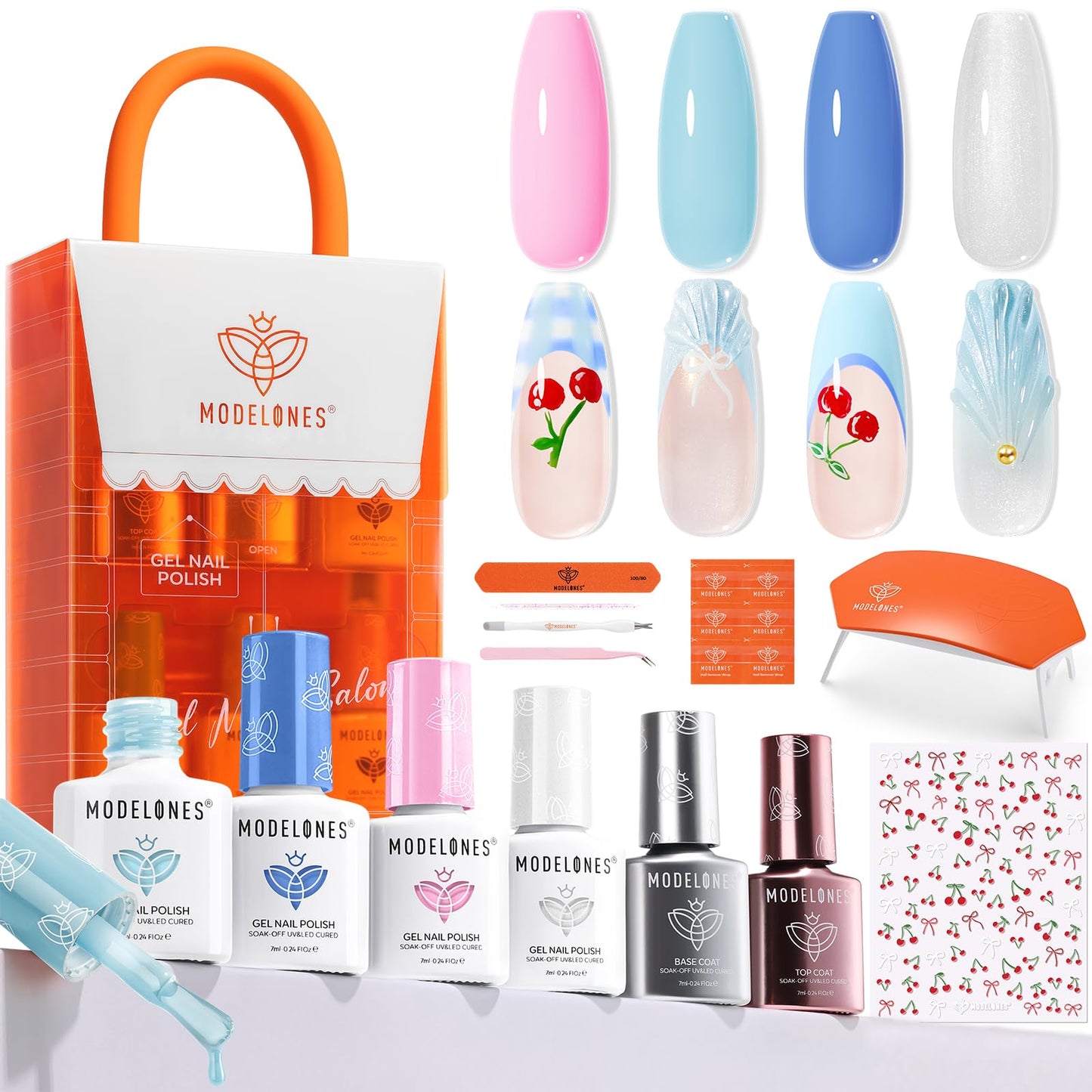 Modelones Gel Nail Polish Kit with UV Light, Milky White Nude Glitter Pink Red Gold Fall Metallic Manicure Set with Base Top Coat Star Stickers 4 Colors Gel Mini Salon Nail Art Gift for Women Girl
