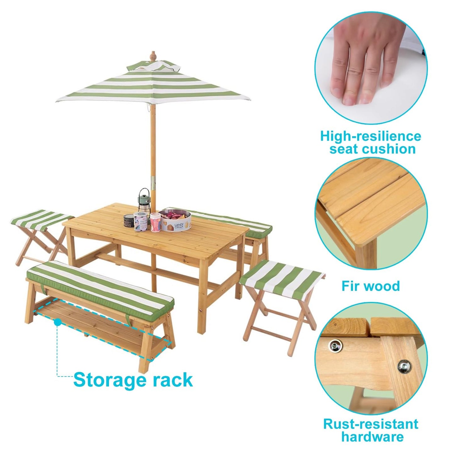 LLZJDDPLY Kids Wooden Picnic Table, Outdoor Activity Dining Table w/Adjustable Collapsible Umbrella, Children Backyard Furniture, for Patio, Garden(Green)