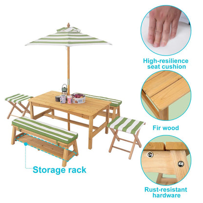 LLZJDDPLY Kids Wooden Picnic Table, Outdoor Activity Dining Table w/Adjustable Collapsible Umbrella, Children Backyard Furniture, for Patio, Garden(Green)