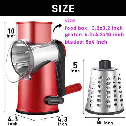 Weltonhm Rotary Cheese Graters with 4 Blades, Large Hand Crank Cheese Grater with Waffle Slicer, Red Cheese Shredder with Suction Base, Easier for Shredding & Grating (Red and black, 4 Graters)