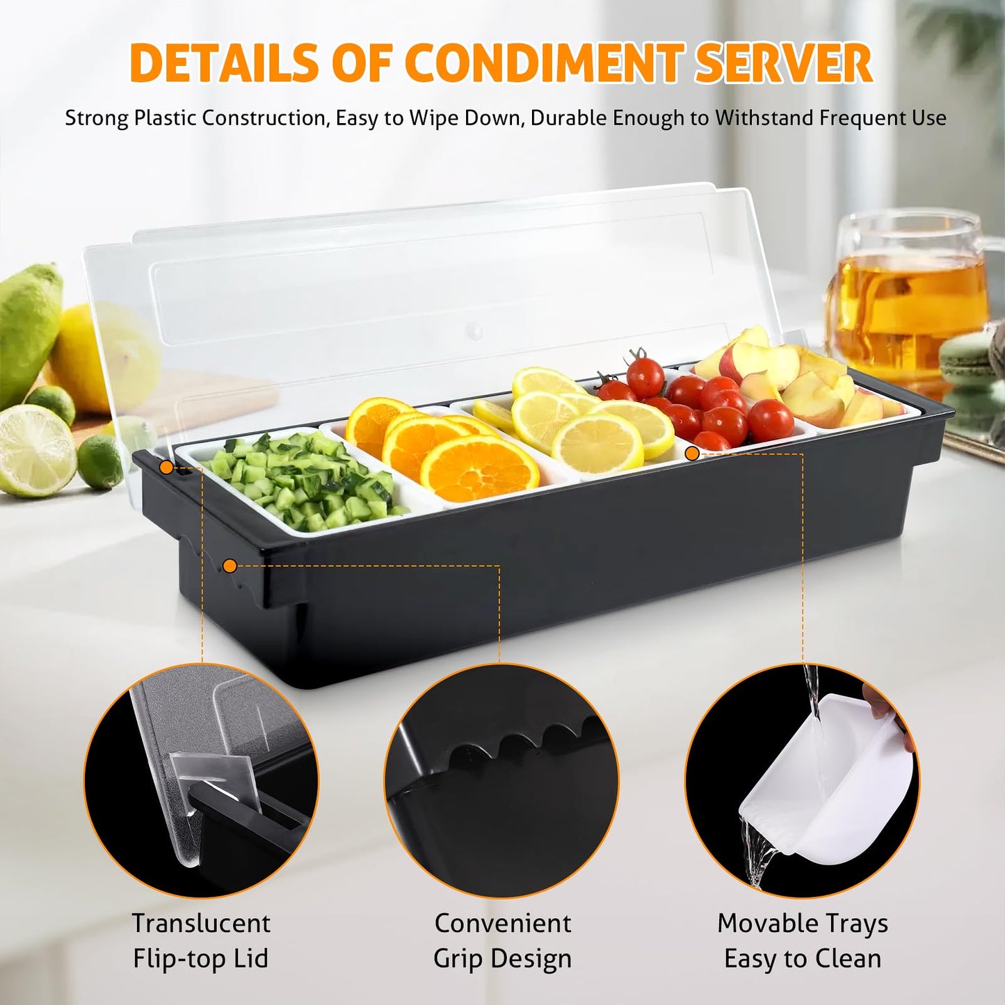 WICHEMI Fruit, Veggie & Condiment Caddy with Lid Dispenser Tray Plastic Garnish Station for Bartending & Serving Taco, Ice Cream, Salad Bar - Topping Organizer for Restaurant Supplies (5 Compartment)