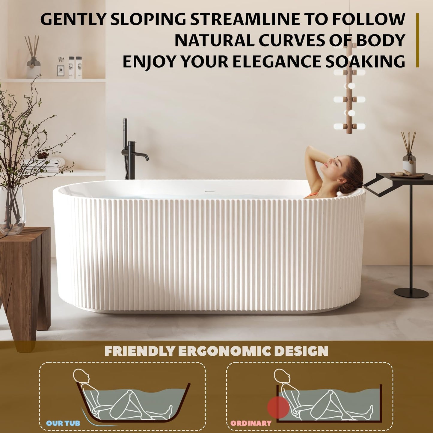 GarveeTech 59" Freestanding Acrylic Bathtub - Luxury Soaking Tub with Overflow Drain, CUPC Certified, Pleated Design, Glossy White, Easy Installation for Modern Bathroom
