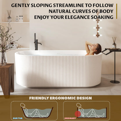GarveeTech 59" Freestanding Acrylic Bathtub - Luxury Soaking Tub with Overflow Drain, CUPC Certified, Pleated Design, Glossy White, Easy Installation for Modern Bathroom