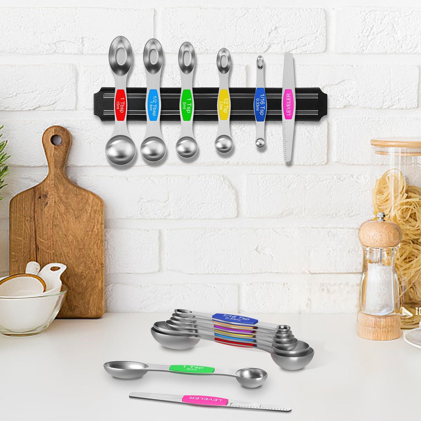 Wildone 14 Piece Stainless Steel measuring spoons Set, Including 8 Double Sided Magnetic, 1 Leveler and 5 Mini, for Dry and Liquid Ingredients, Fits in Spice Jar