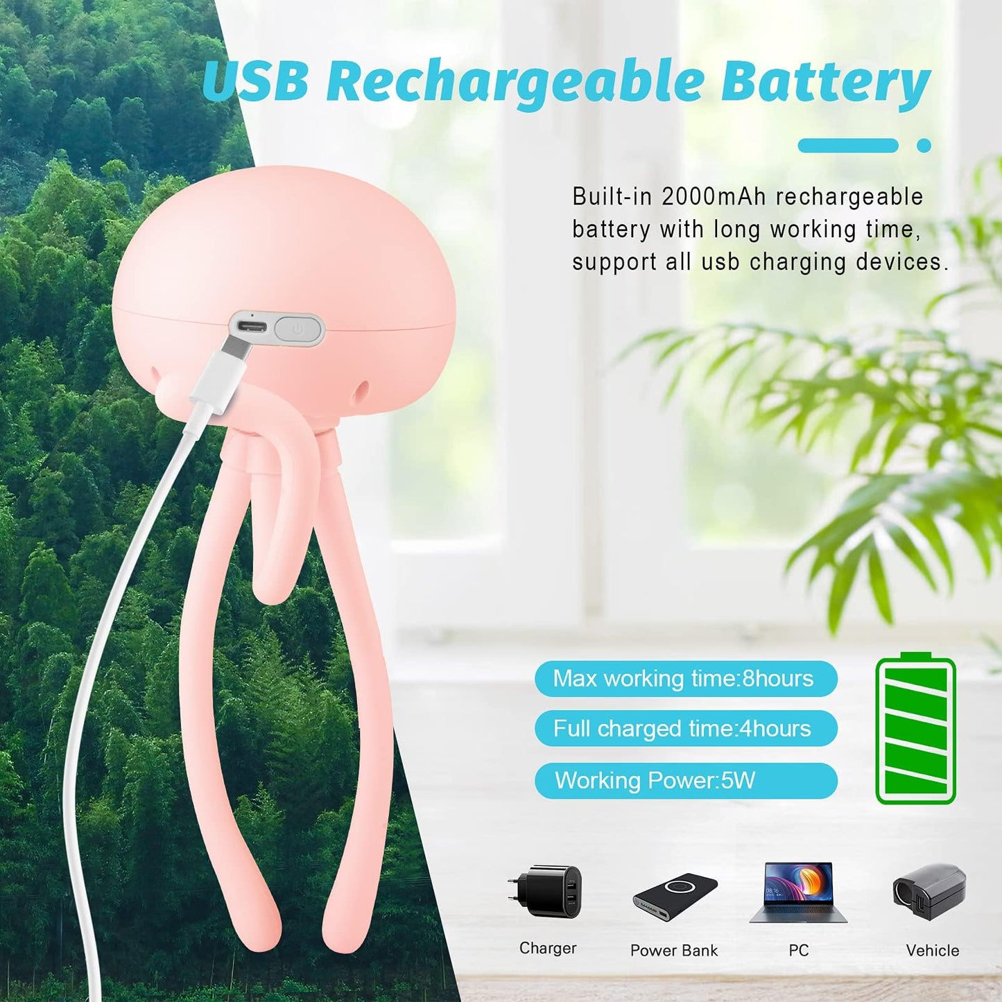 Portable Bladeless Fan - Mini Handheld Fan with Flexible Tripod, Clip-on for Stroller, Car Seat, Crib, Bike and Desktop - 3 Speeds, Rechargeable Battery Operated (Pink)
